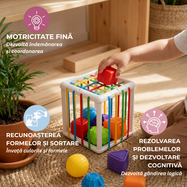 Cub Senzorial Montessori 2-în-1 - Sorter Flexibil cu Mingi incluse